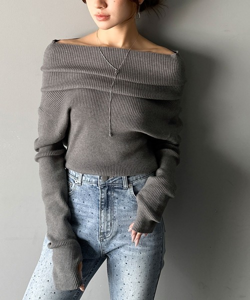 日本🇯🇵連線 Mily Bilet 垂墜露肩羅紋針織上衣 平口 露肩 單肩 長袖 垂墜設計 羅紋針織 5色(任買兩件711免運)/預購