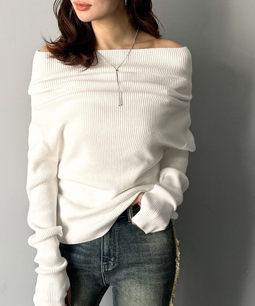 日本🇯🇵連線 Mily Bilet 垂墜露肩羅紋針織上衣 平口 露肩 單肩 長袖 垂墜設計 羅紋針織 5色(任買兩件711免運)/預購