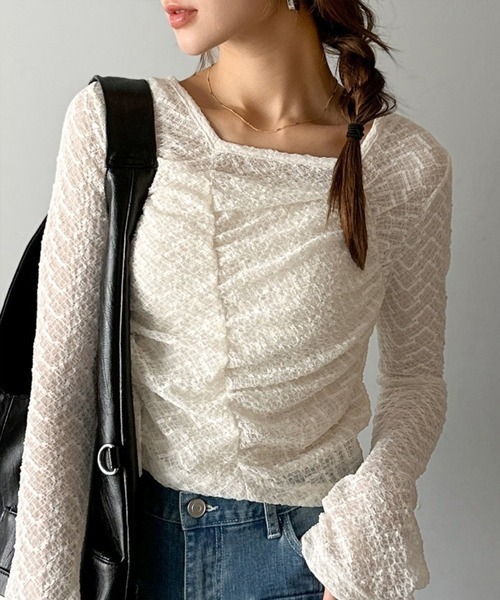 日本🇯🇵連線 Mily Bilet 透膚蕾絲皺褶套頭衫 打底上衣 內搭 蕾絲 透膚 長袖 褶皺感 3色(任買兩件711免運)/預購