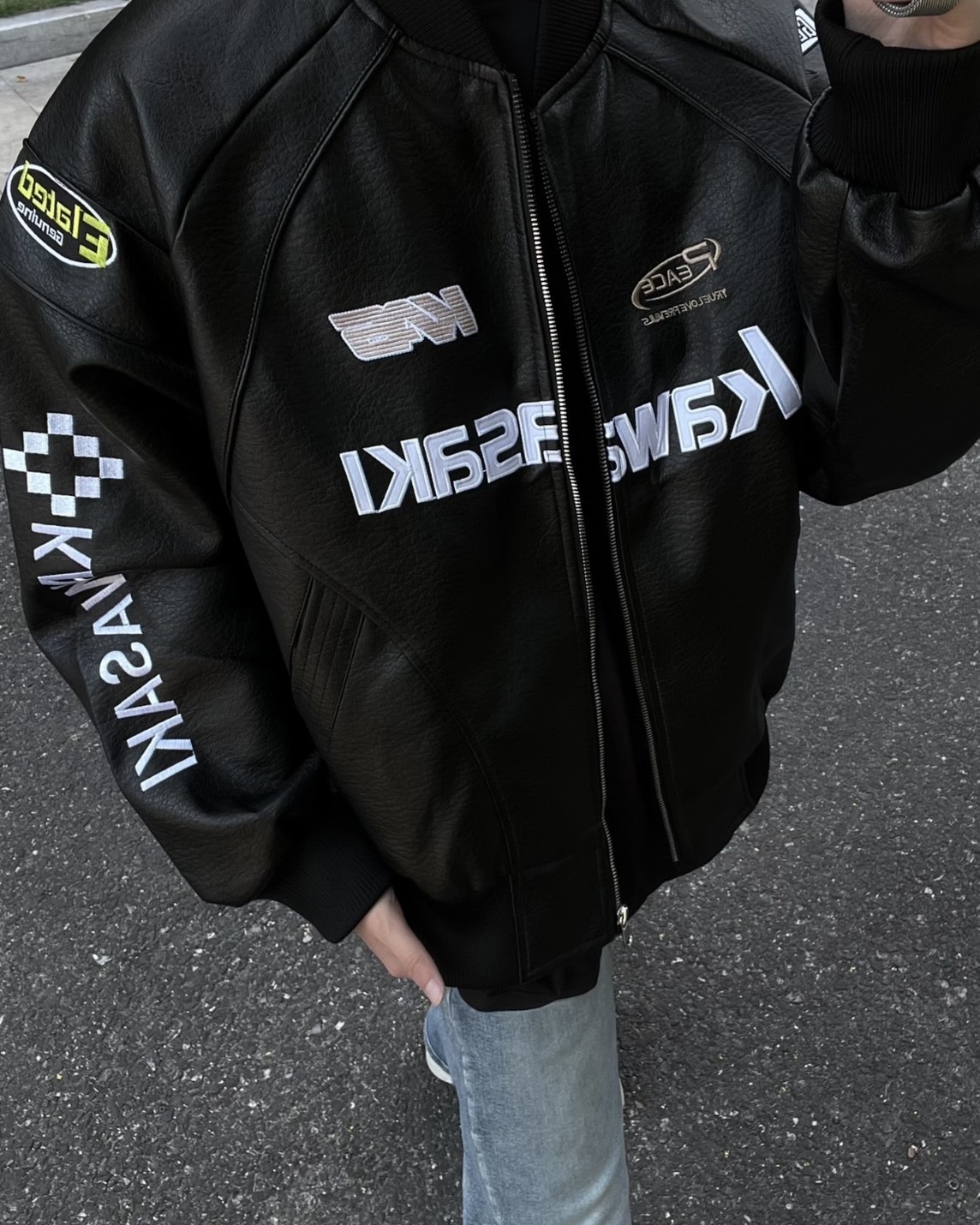 <帥爛>Kawasaki 美式 復古 刺繡 皮革 外套 2色