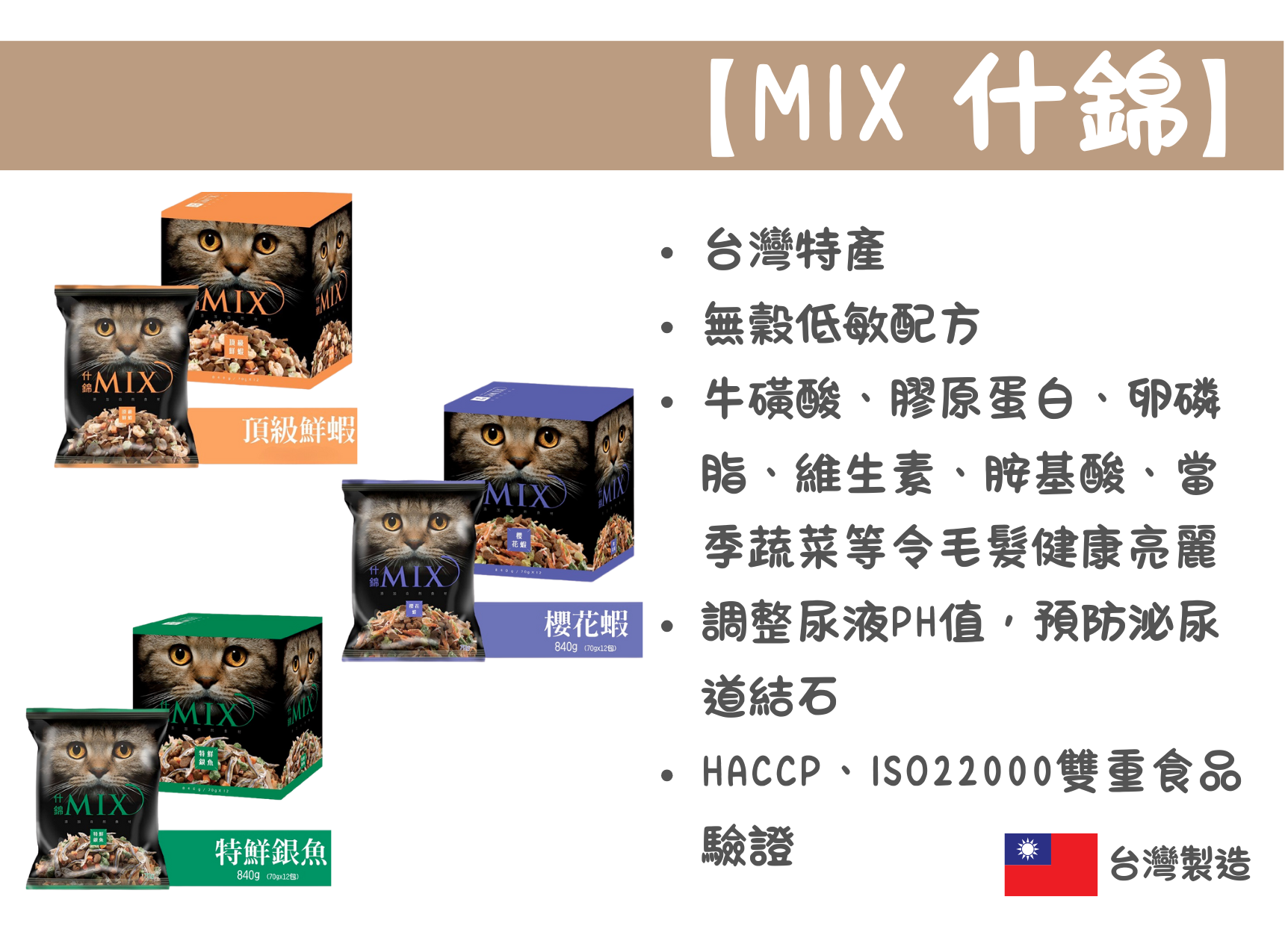 TaiwanMIX什錦 無穀低敏 膠原蛋白 貓食溝糧 70g