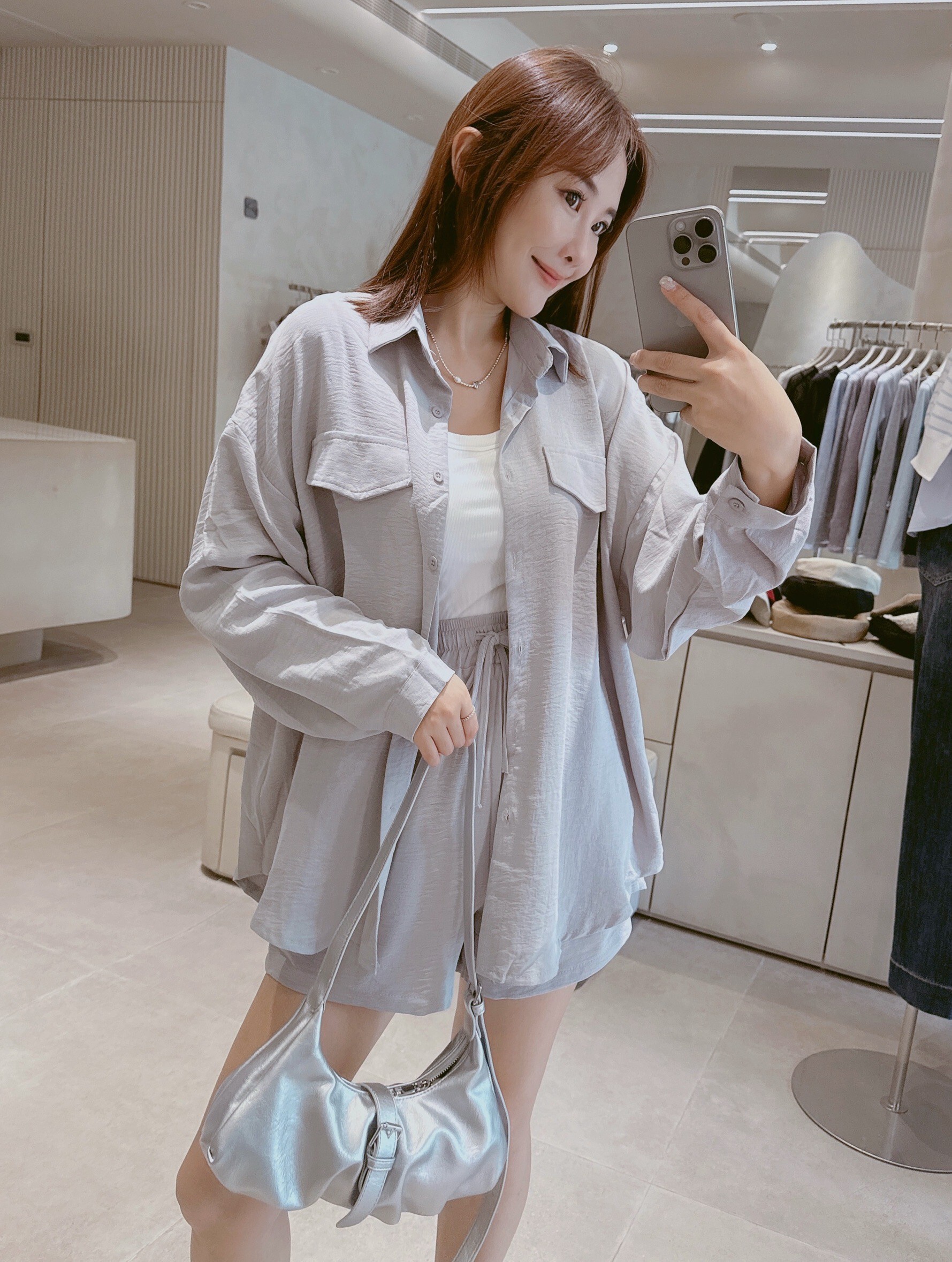 假口袋天絲長袖襯+抽繩短褲