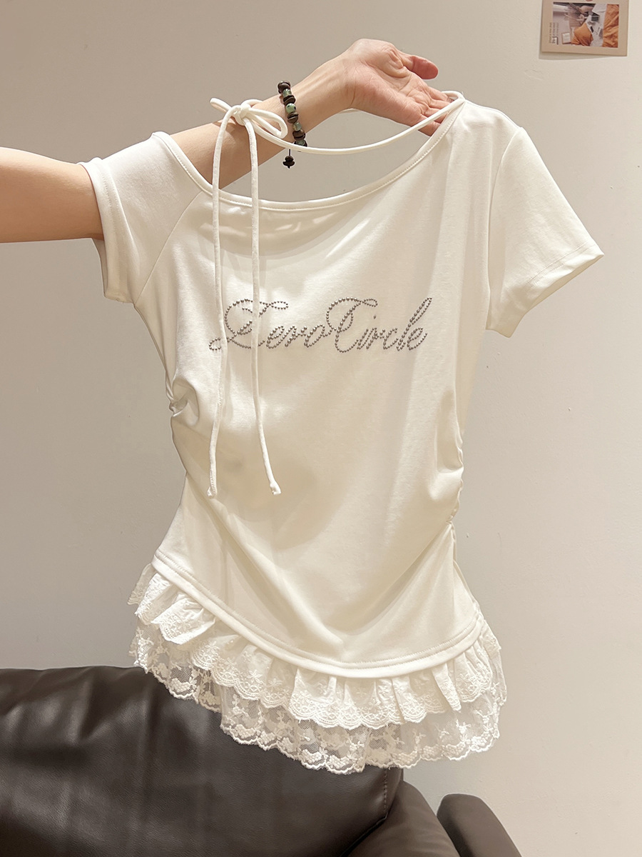 [2 FOR RM50] Off-Shoulder Lace Trim Short-Sleeve T-Shirt