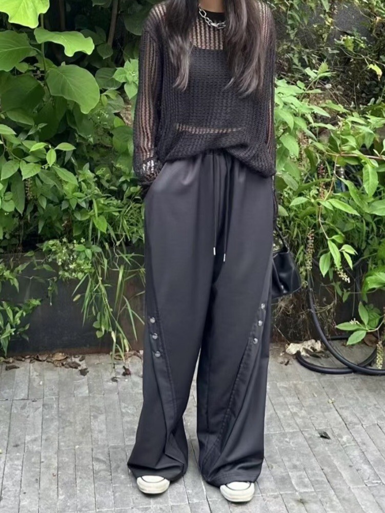 造型釦子褲管抽繩西褲