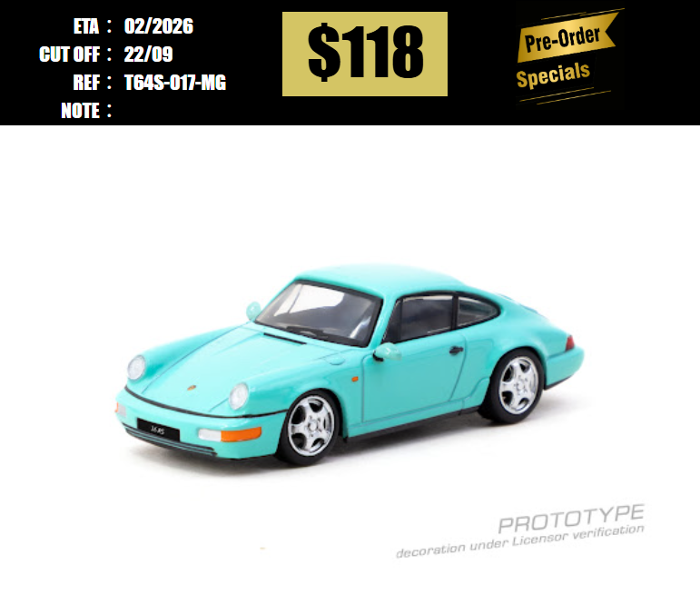 PO-$118 * TARMAC * 1:64 Porsche 911 Carrera RS (964) Mint Green [OD14/09]