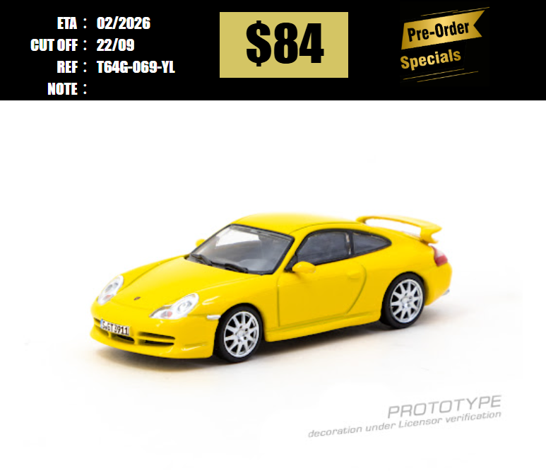 PO-$84 * TARMAC * 1:64 Porsche 911 GT3 (type 996) Yellow [OD14/09]
