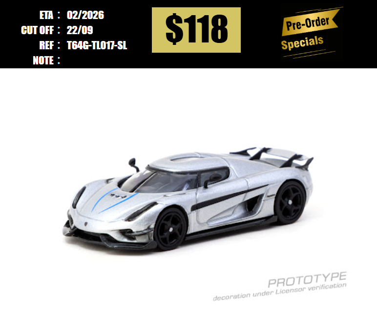 PO-$118 * TARMAC * 1:64 Koenigsegg Regera Silver Metallic / Blue Accents Model Car + Trading Cards Combo Set [OD14/09]