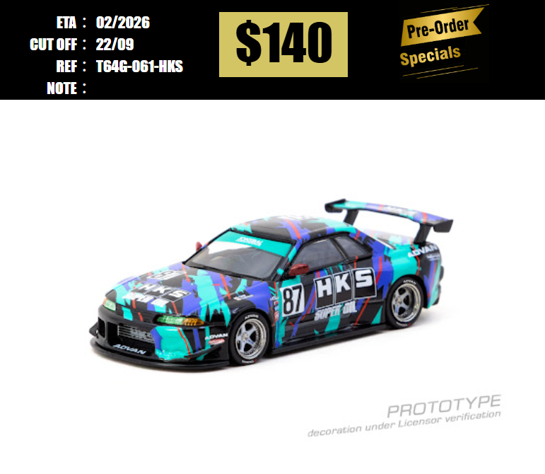 PO-$140 * TARMAC * 1:64 Nissan Skyline (R32) Widebody HKS Model Car + Trading Cards Combo Set [OD14/09]