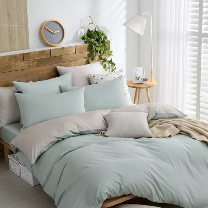 300織長絨棉床包兩用被組 | 櫻草綠 x 淺米灰