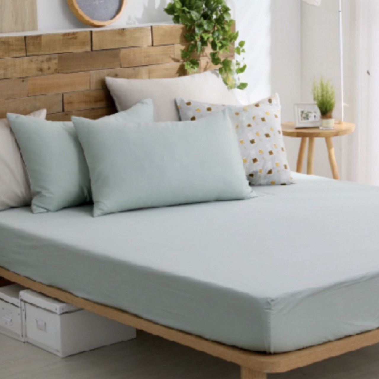 300織長絨棉床包兩用被組 | 櫻草綠 x 淺米灰