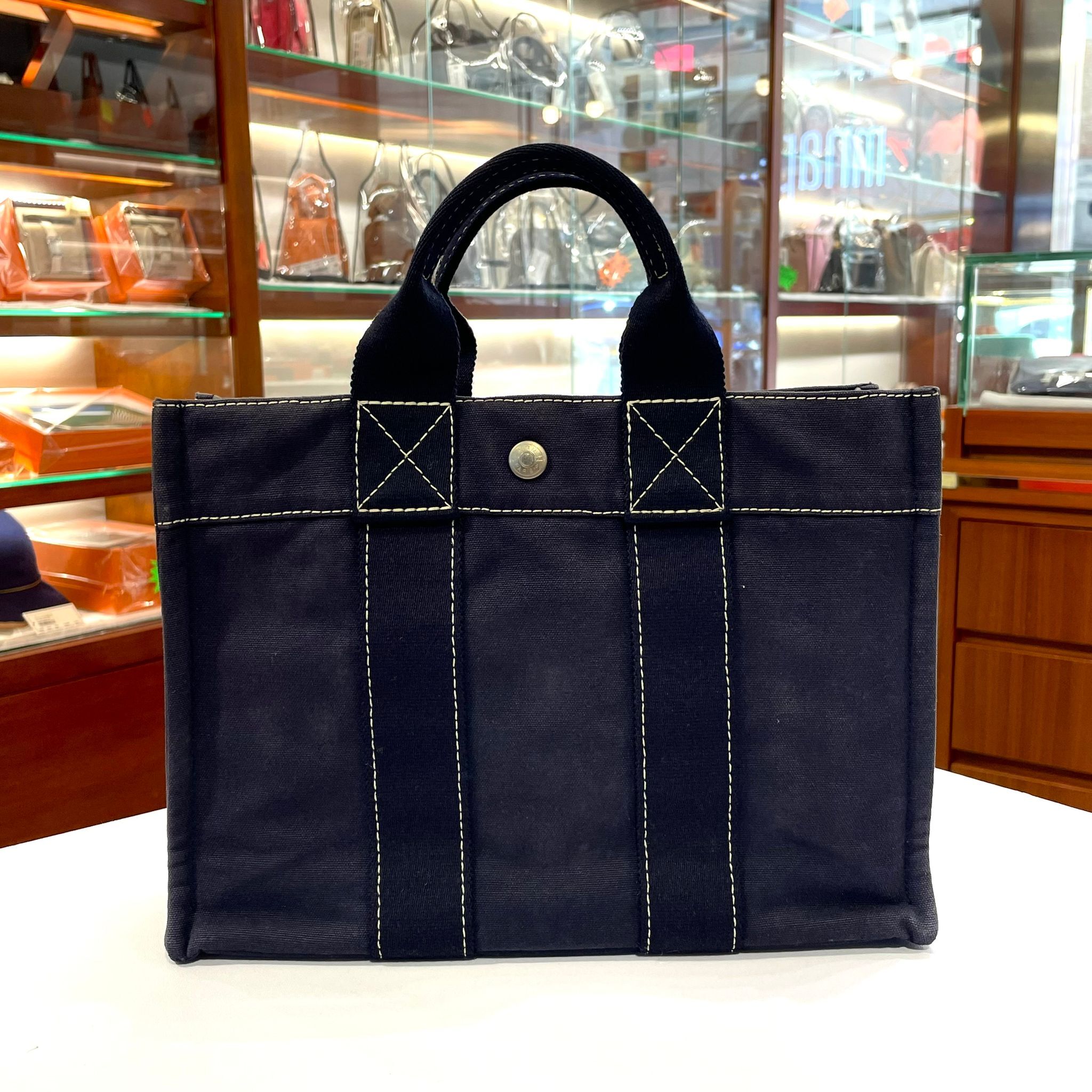 90%NEW二手 HERMES FOUL TOTE 藍色帆布手提袋 PM 銀扣 #香榭站正品