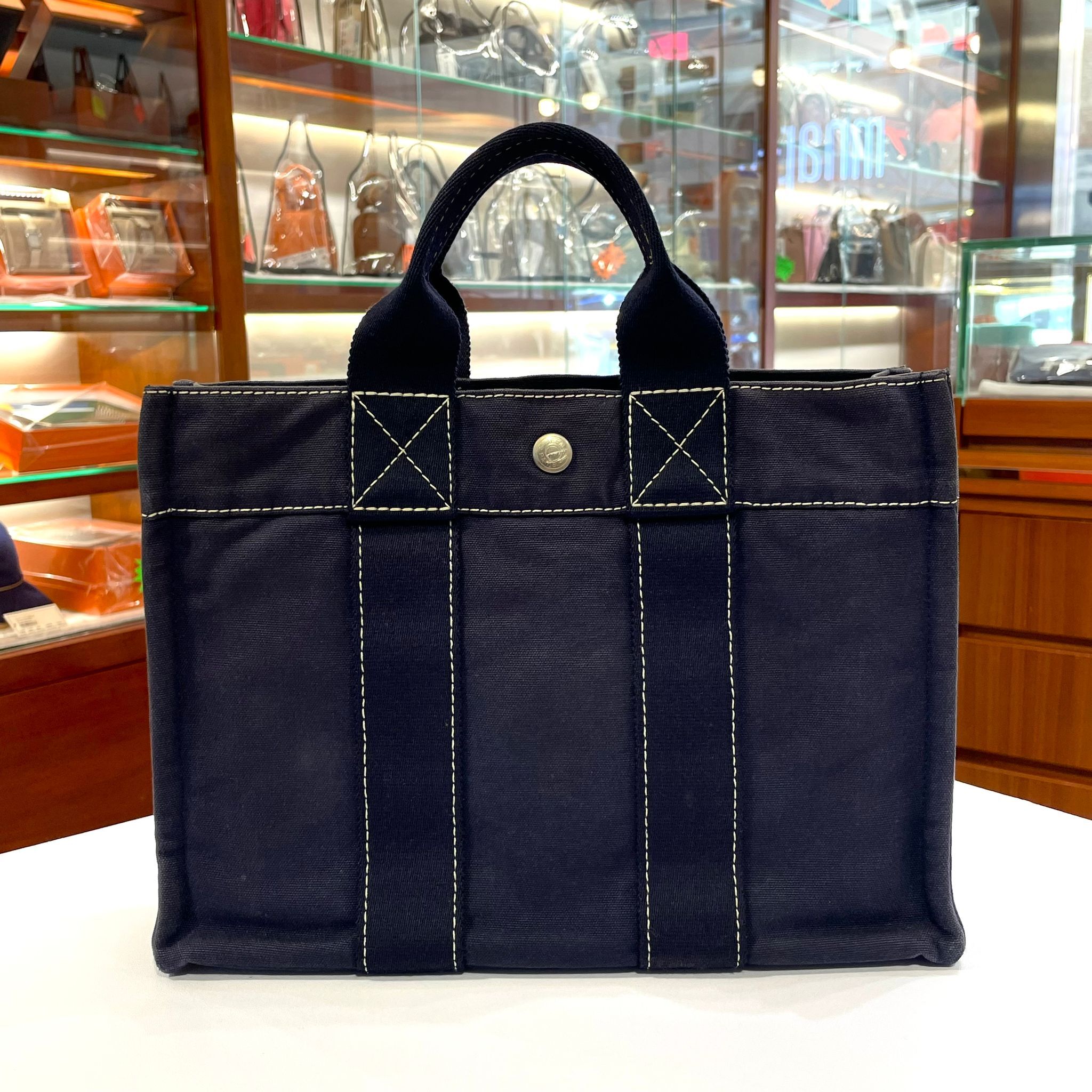90%NEW二手 HERMES FOUL TOTE 藍色帆布手提袋 PM 銀扣 #香榭站正品