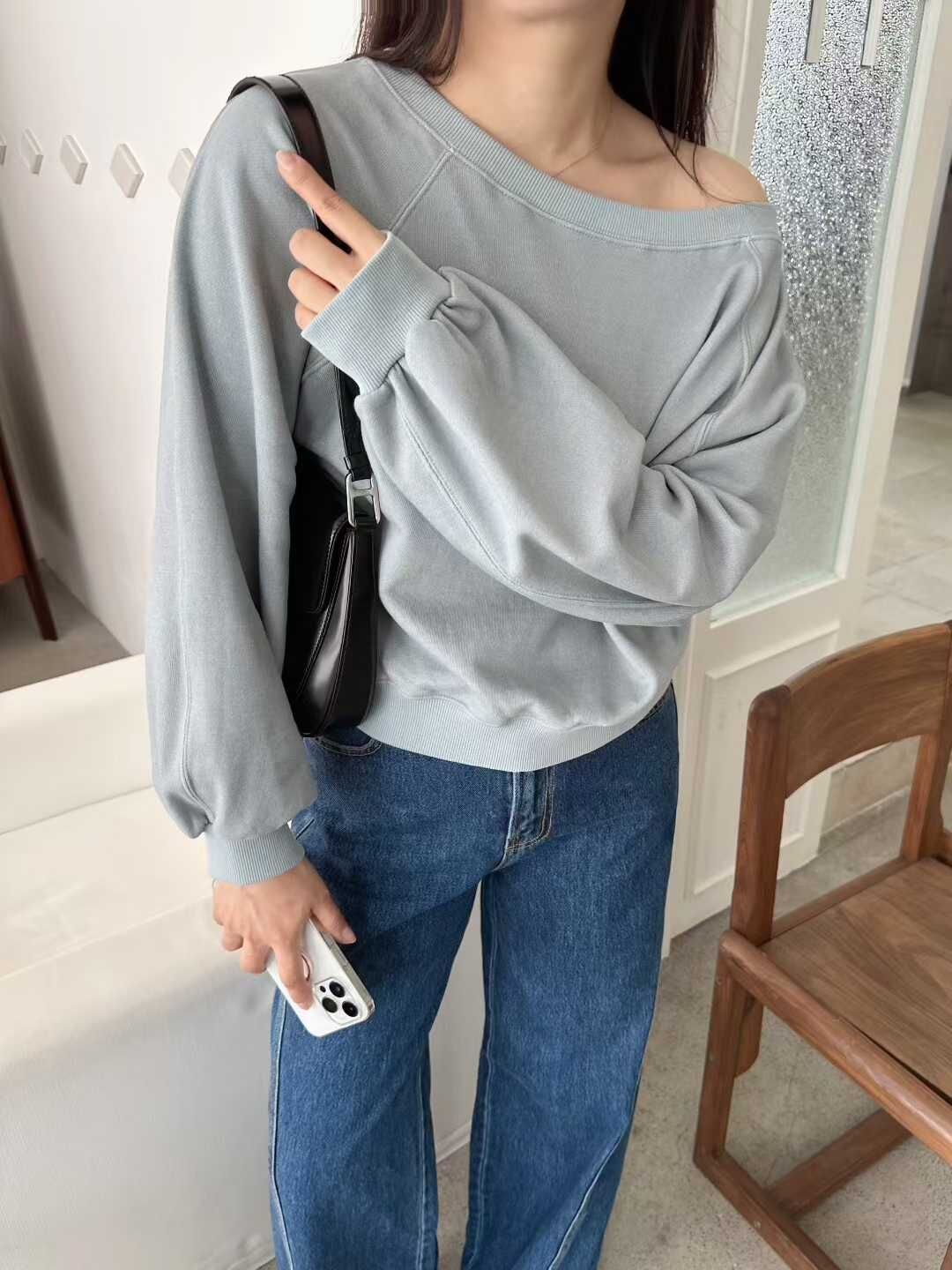 SG5018 棉質圓領露肩收腰長袖上衣