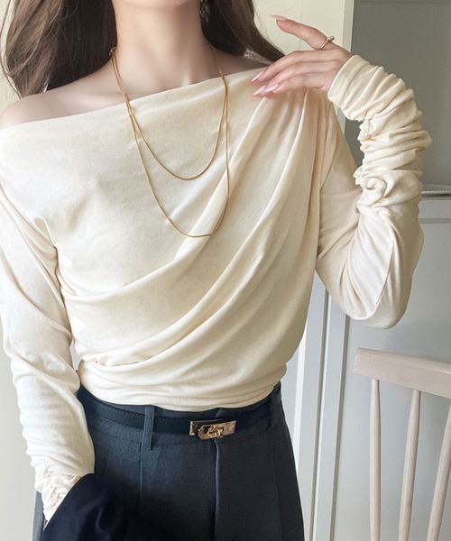 日本🇯🇵連線 Classical Elf 垂墜露肩基本套頭衫 袖口縐摺設計 垂墜感 露肩 長袖 打底 5色(任買兩件711免運)/預購