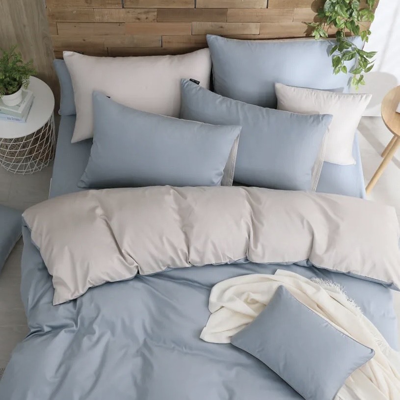 300織長絨棉床包兩用被組 | 戀藍 x 淺米灰