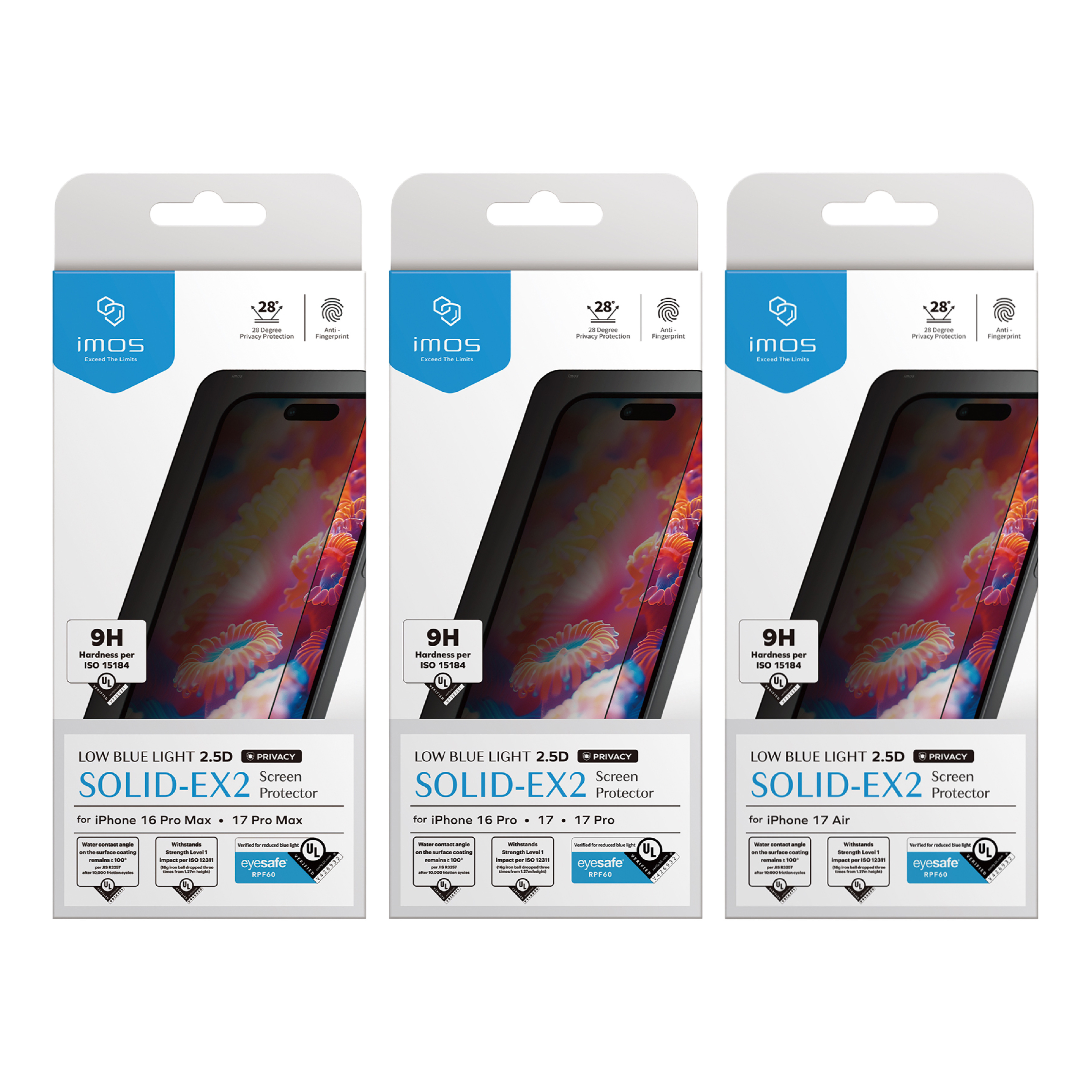IMOS iPhone 17 系列 美國UL Solutions 驗證 Eyesafe® RPF60 2.5D 低藍光防窺玻璃螢幕保護貼