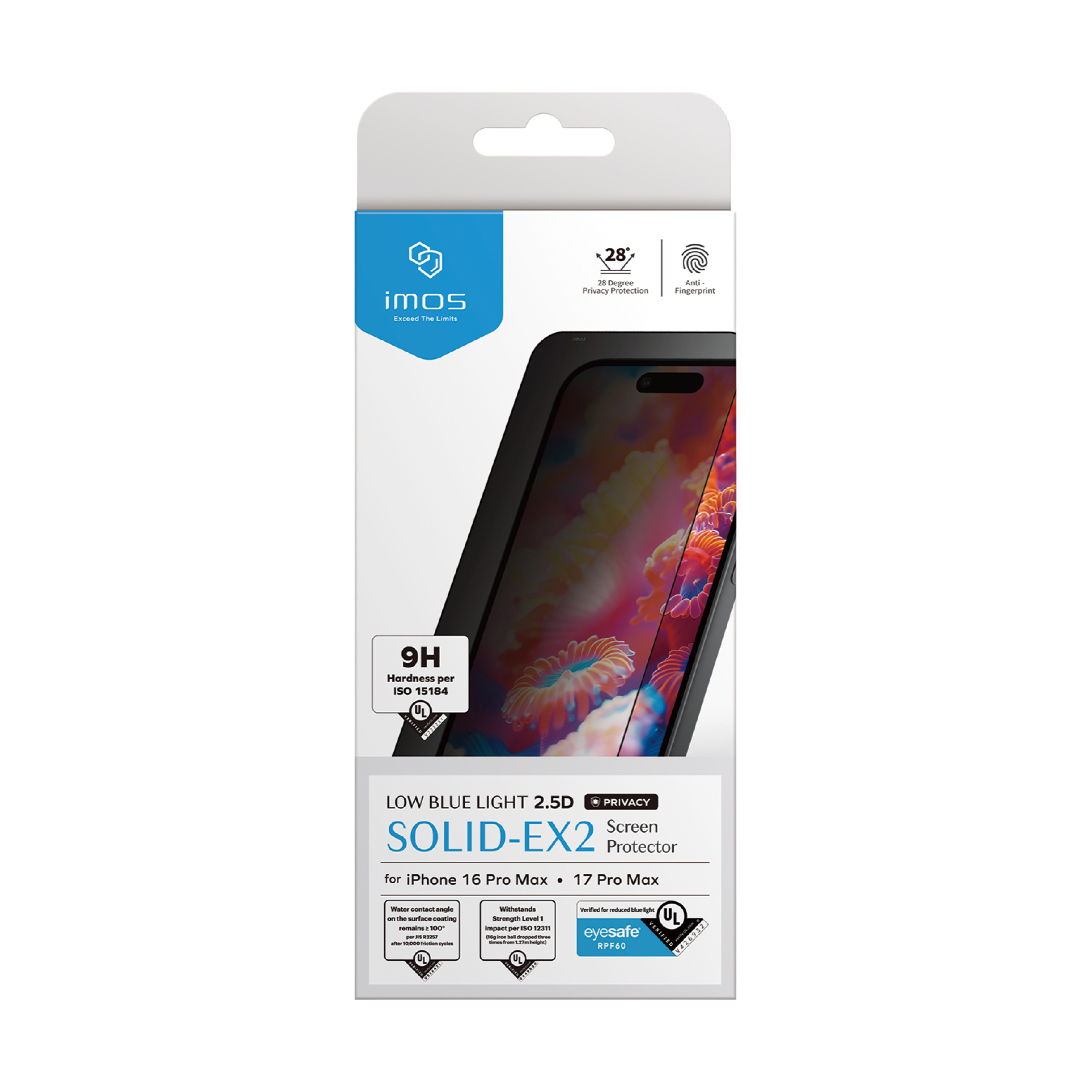 IMOS iPhone 17 系列 美國UL Solutions 驗證 Eyesafe® RPF60 2.5D 低藍光防窺玻璃螢幕保護貼