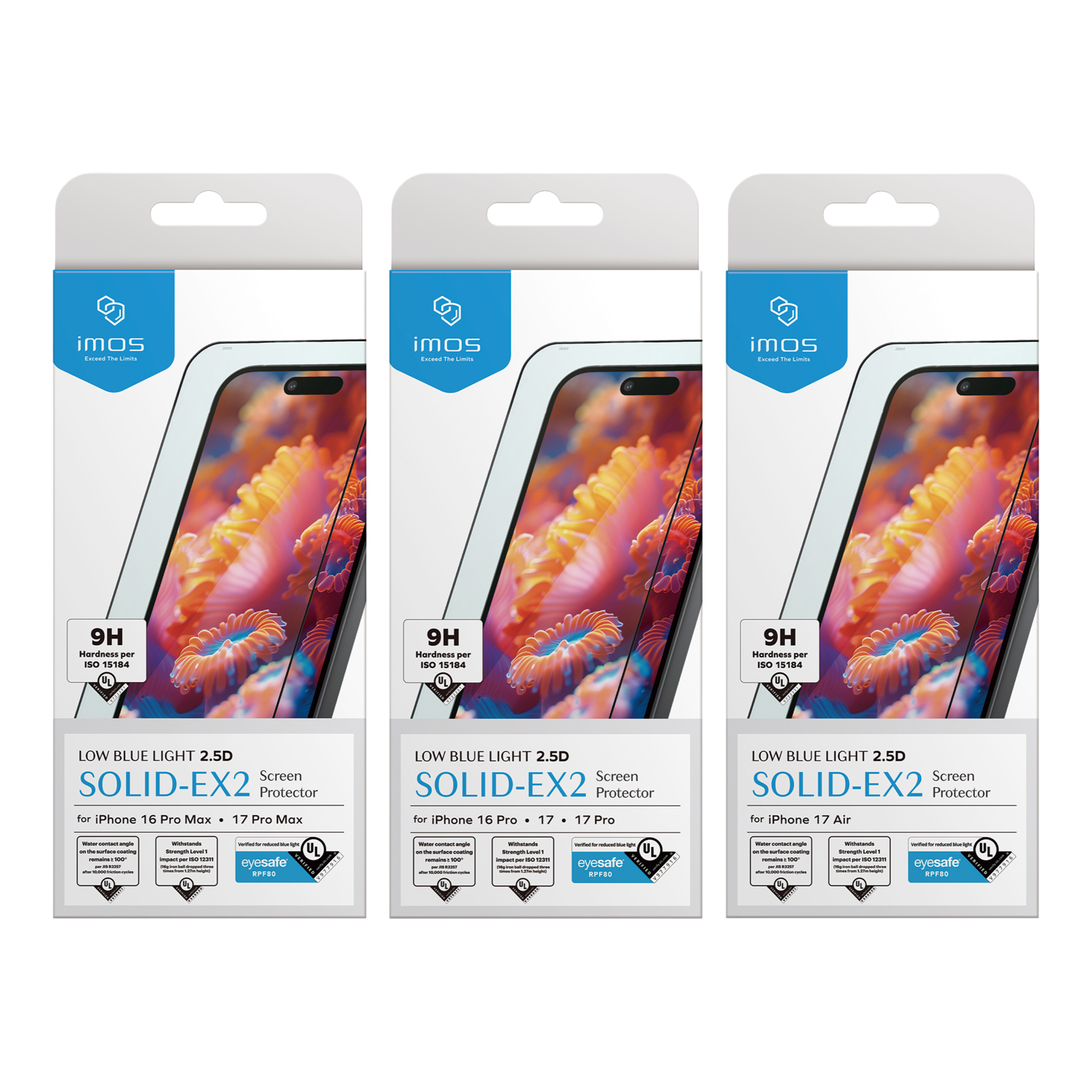 IMOS iPhone 17 系列 美國UL Solutions 驗證 Eyesafe® RPF80 2.5D 低藍光玻璃螢幕保護貼