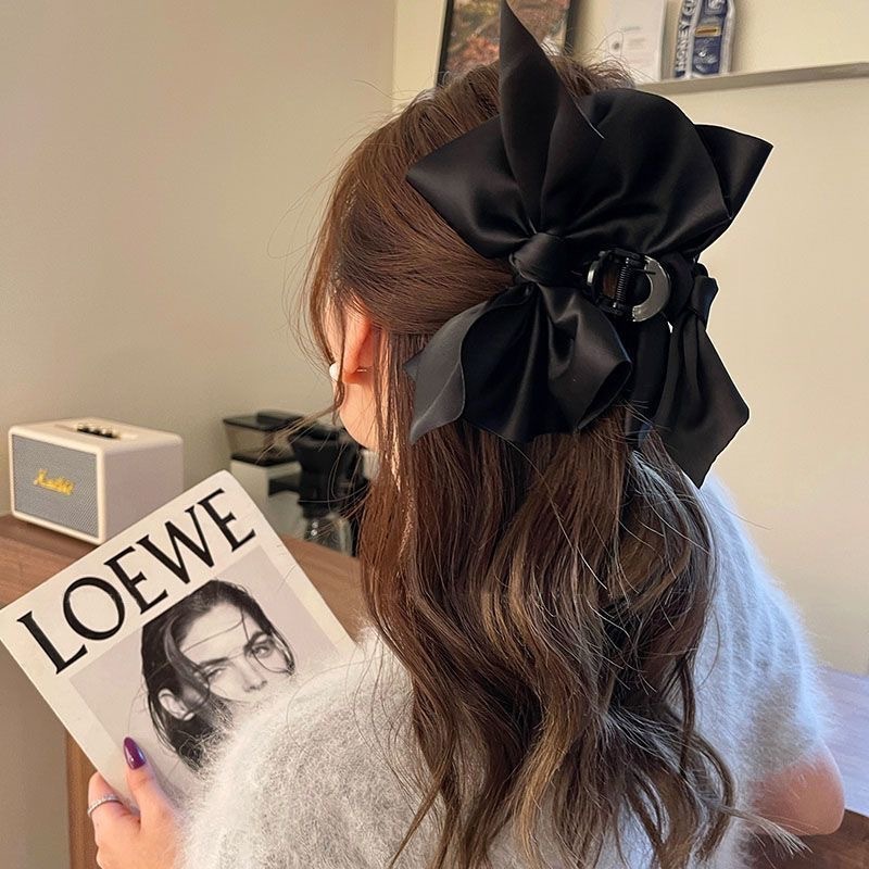 French Oversized Black Satin Bow Hair Claw