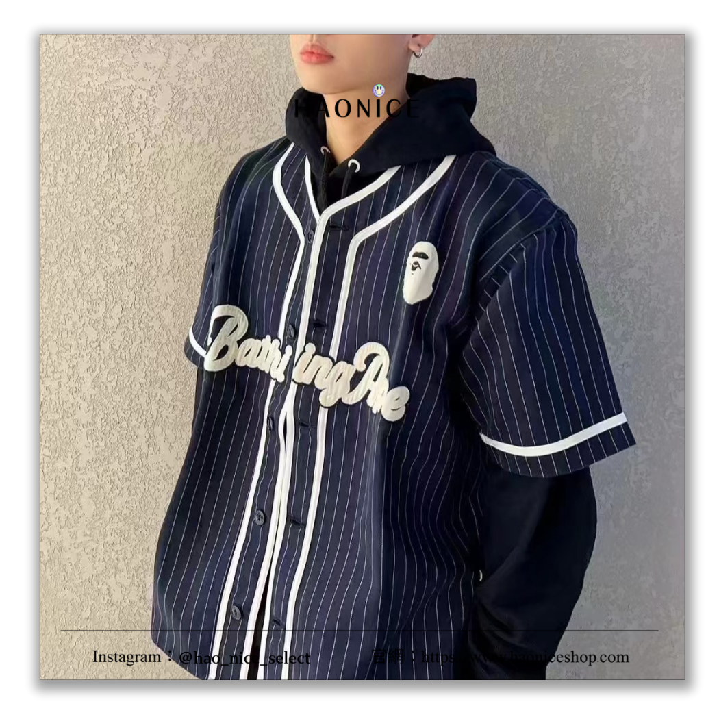 【HAO NICE】100%正品 BAPE A BATHING APE 潮流精品🔥經典LOGO條紋棒球襯衫短袖 上衣