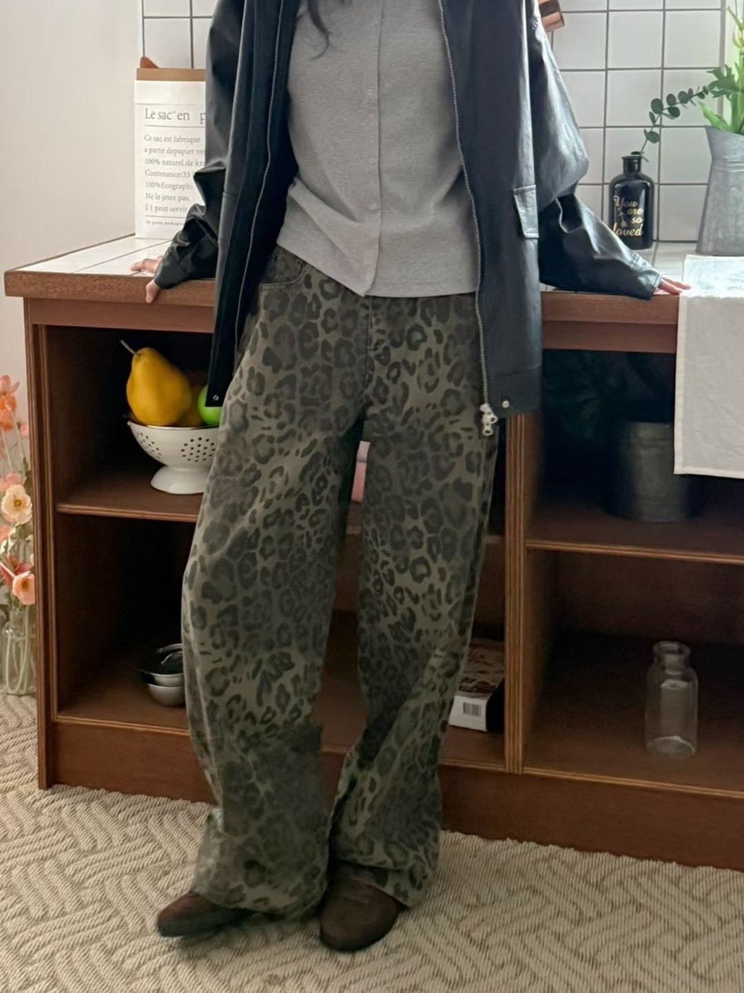 7128豹紋鬆緊腰垮褲