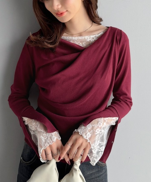 日本🇯🇵連線 Mily Bilet 蕾絲拼接喇叭袖長袖上衣 垂墜設計 蕾絲 拼接 喇叭袖 長袖 4色(任買兩件711免運)/預購