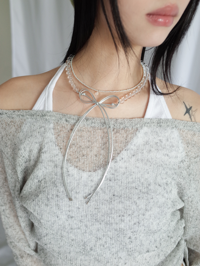 wax cord bow with translucent beads necklace