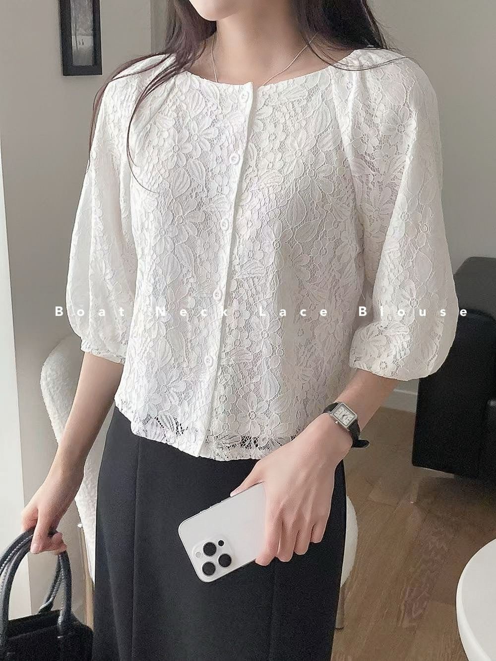 TOP#7737🤍Boat Neck Lace Blouse