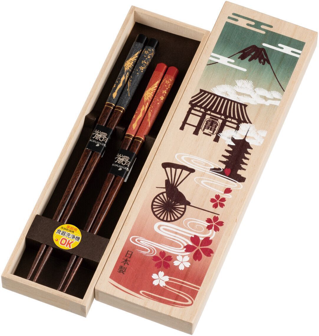 日本富士山日式風景彩繪桐木禮盒情侶夫婦對筷 日本製