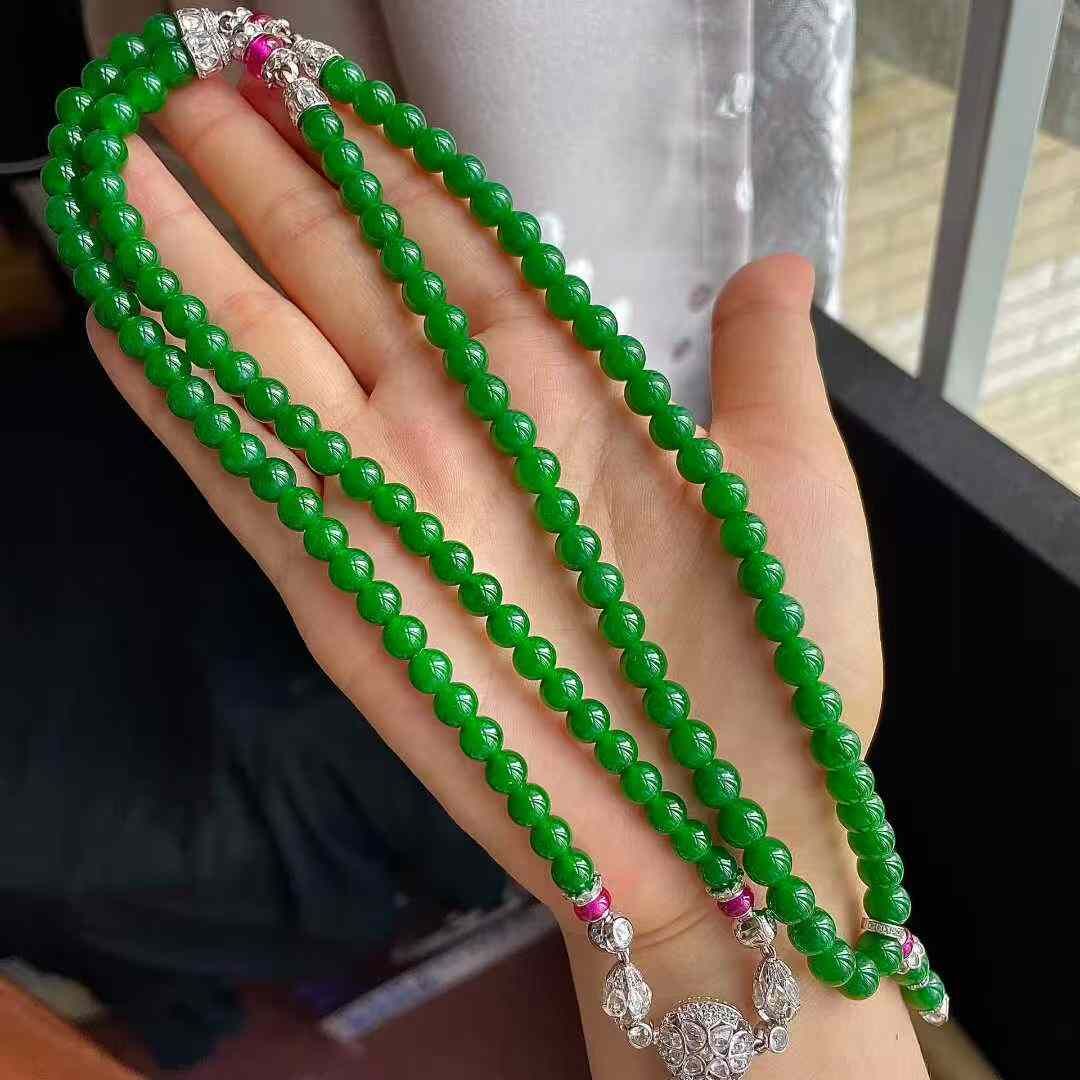 翡翠冰辣綠珠鏈 (5.9-7mm直徑),天然翡翠A玉, 緬甸玉, Jade, Jadeite
