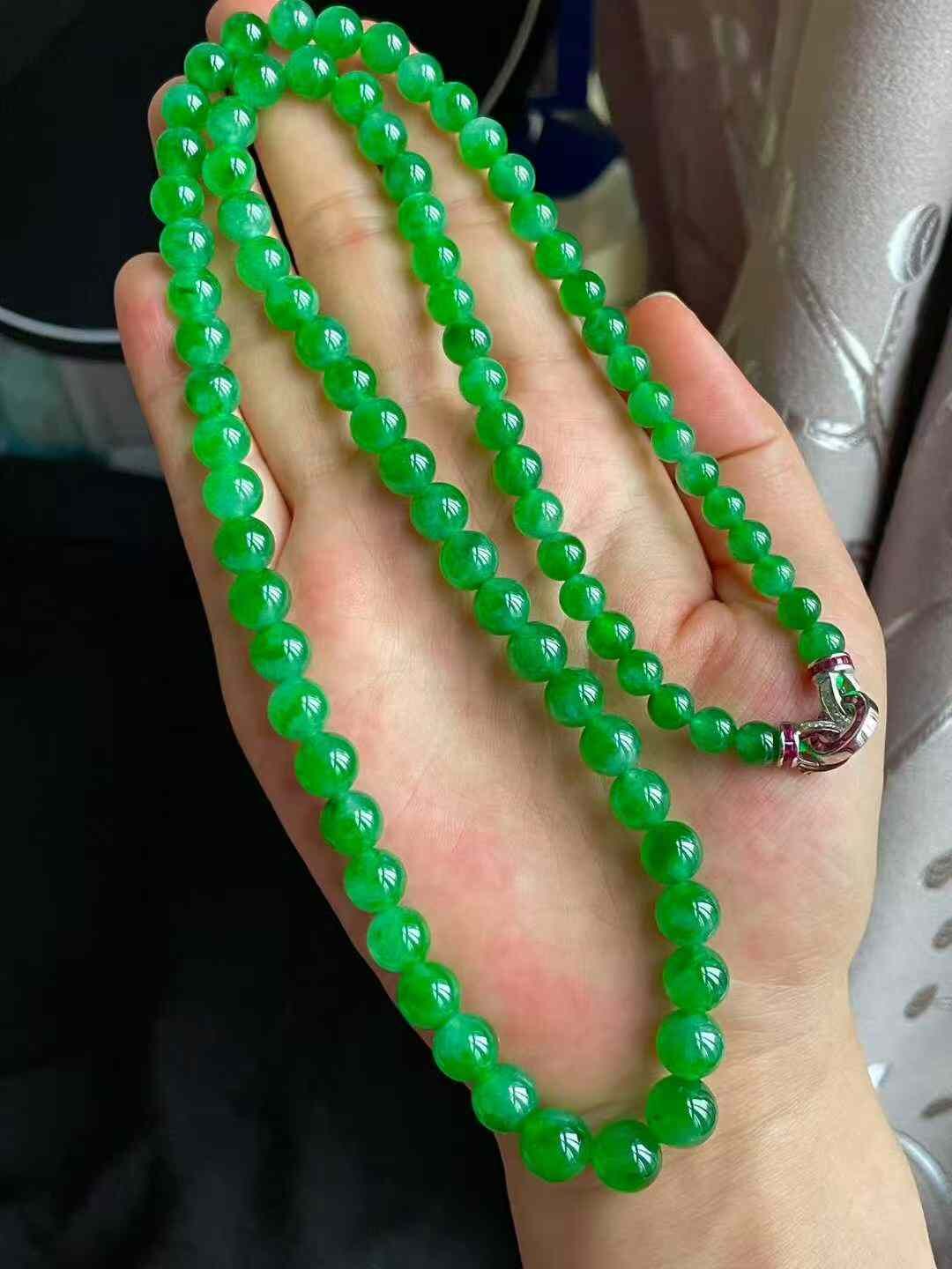 翡翠冰種辣綠珠鏈 (5.6-7.5mm直徑),天然翡翠A玉, 緬甸玉, Jade, Jadeite