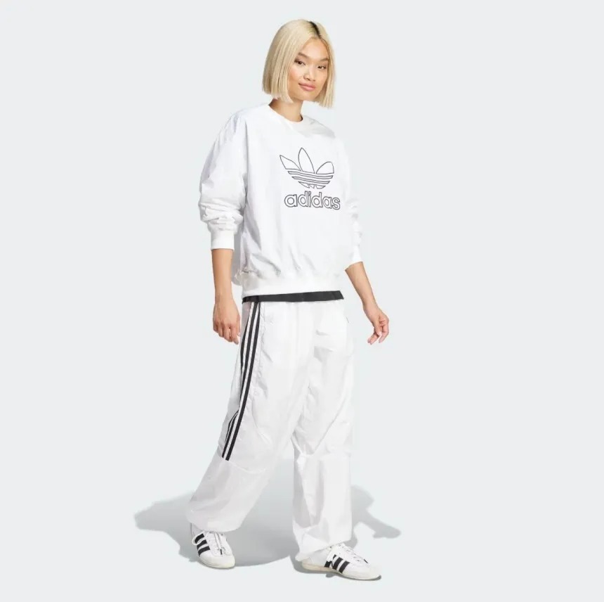 ADIDAS 長褲 TEAMGEIST TP 白色 三線 寬版 縮口褲 女 JD0257