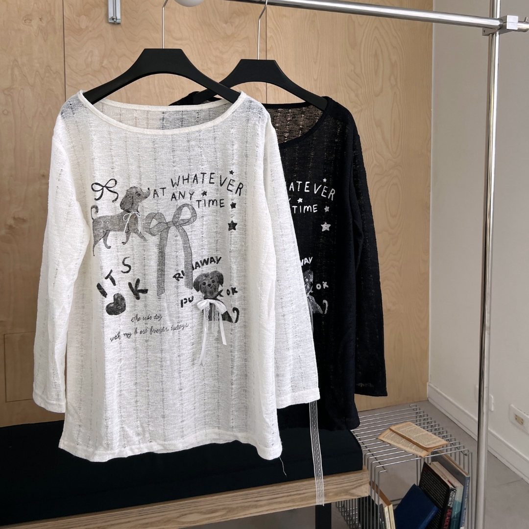 【塗鴉感酷甜】DOMISS落肩薄針織 輕透 長袖上衣 隨性 罩衫 長袖上衣(現貨)