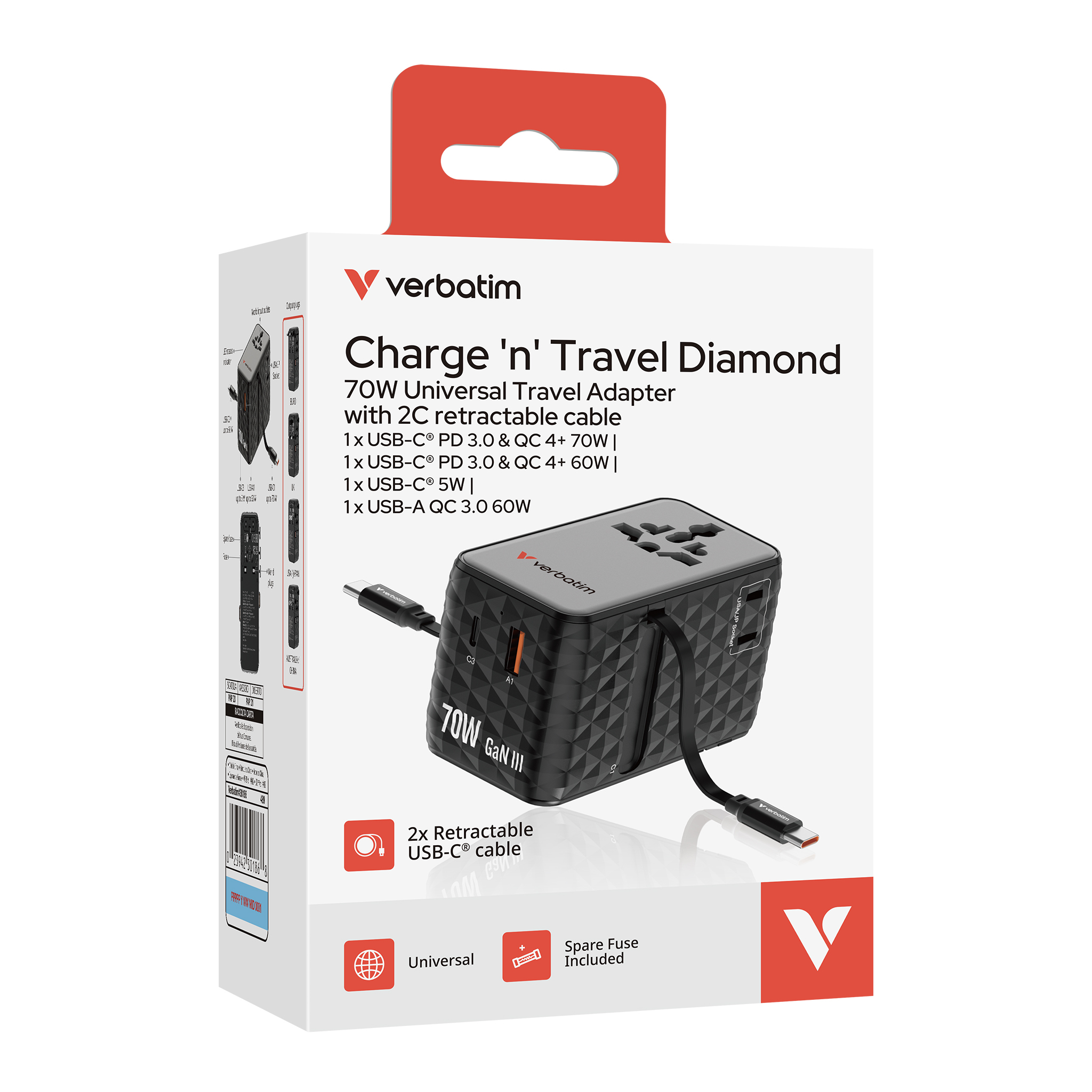 Charge 'n' Travel Diamond 70W 通用旅行轉插(附雙USB-C可伸縮充電線) (CNT-70/2C)