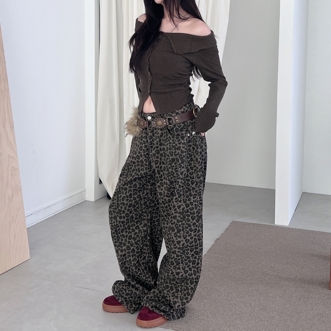 【街頭氣場】DOMISS豹紋落地寬褲-2色(現貨)  街頭 隨性 顯瘦 長褲 2色 豹紋長褲 高腰 美式 韓國 寬褲