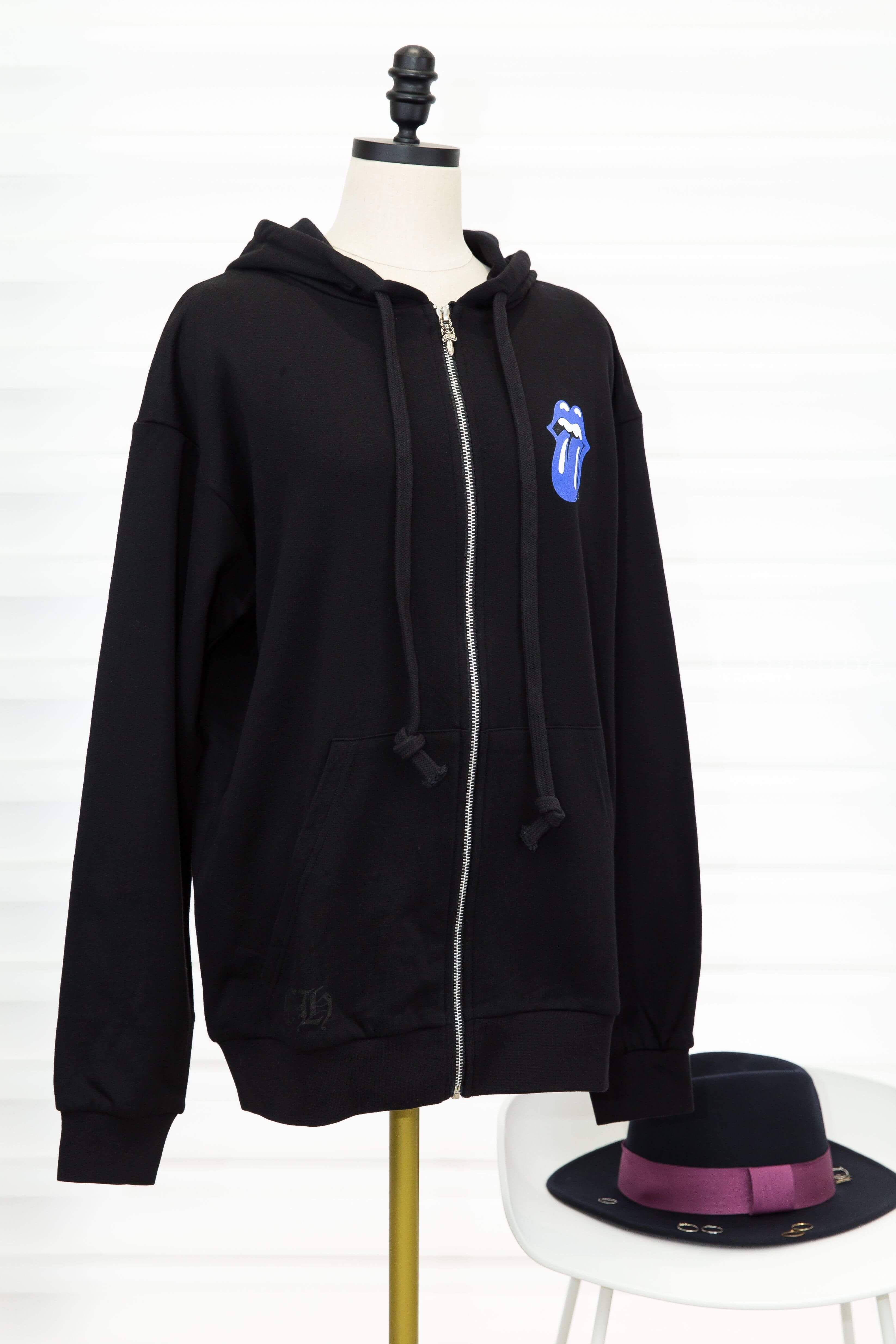 Chrome Hearts Jacket 黑色棉質白色圖騰藍舌頭印花長袖連帽外套-Charline Boutique 精品代購