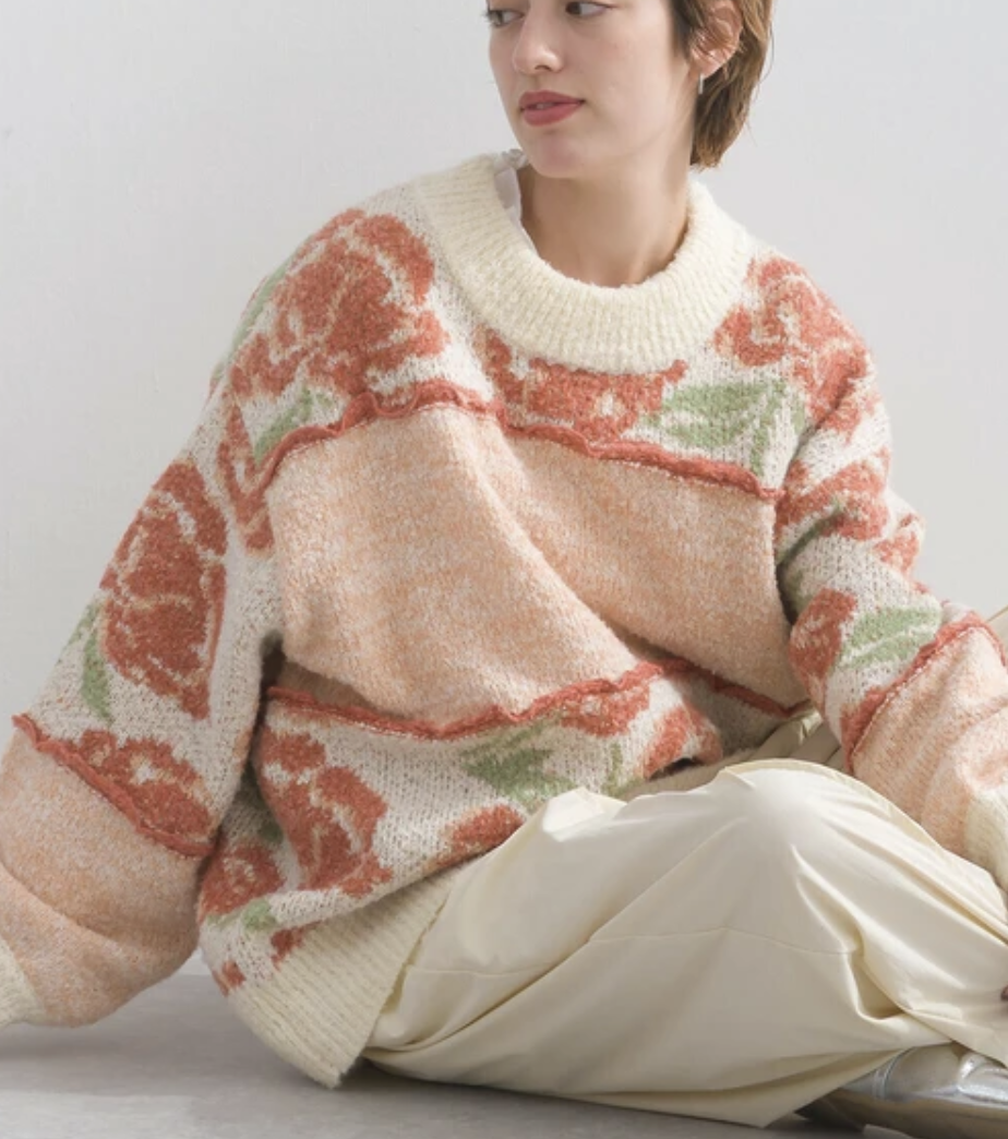 復古風大花卉提花針織上衣（三色入）【日本直送】