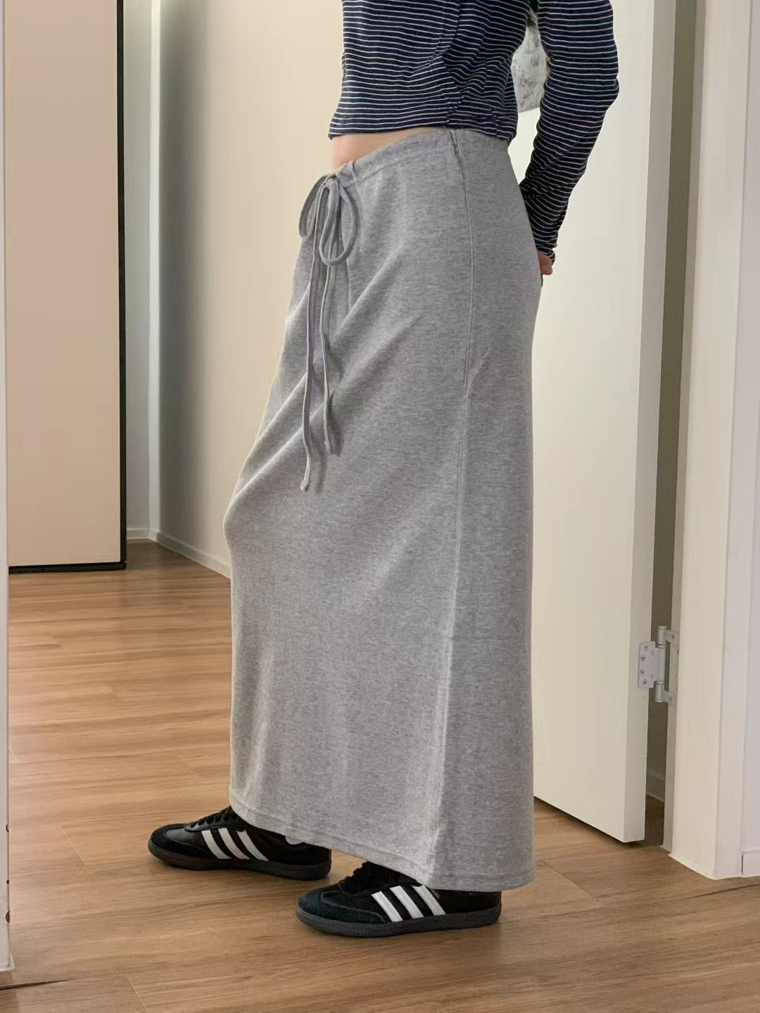 綁繩直筒半裙(灰色)