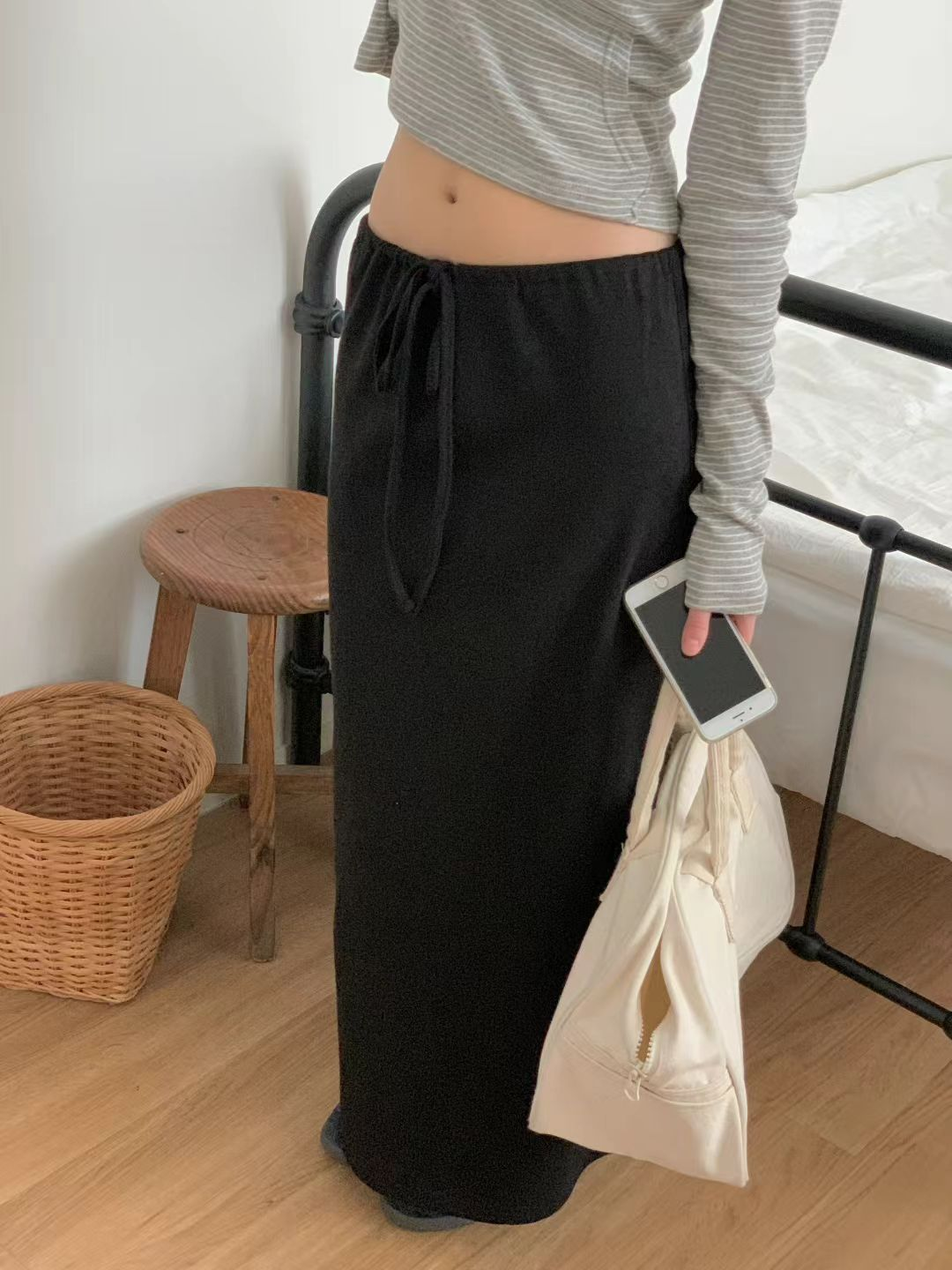 綁繩直筒半裙(黑色)