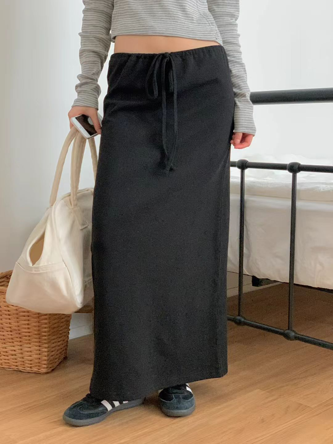 綁繩直筒半裙(黑色)