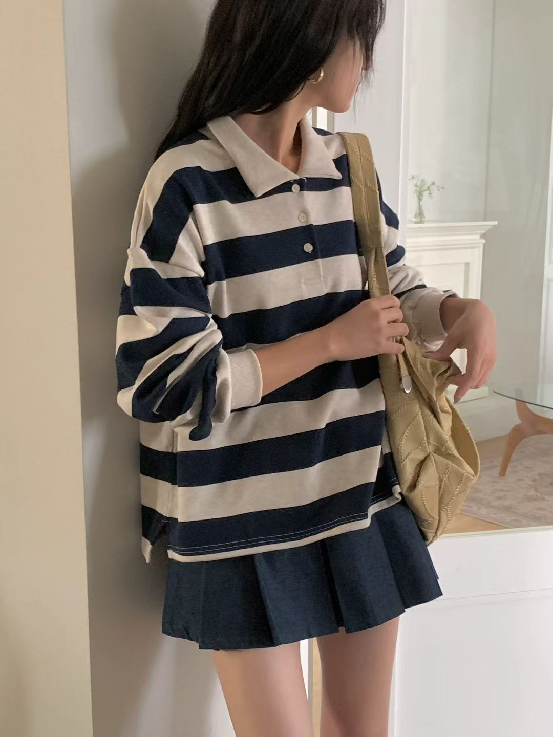 衛衣料Polo長袖上衣(深藍色)