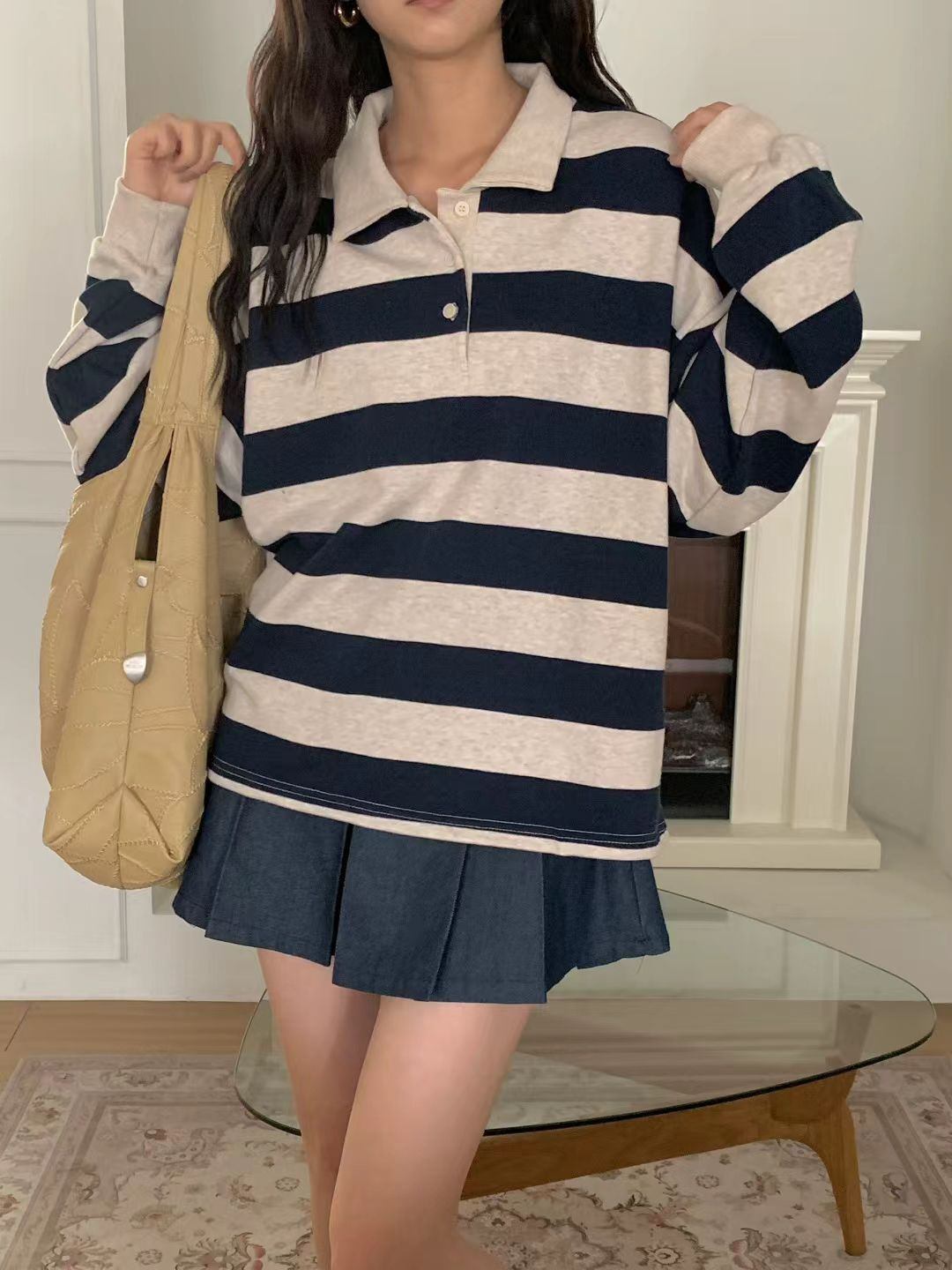 衛衣料Polo長袖上衣(深藍色)