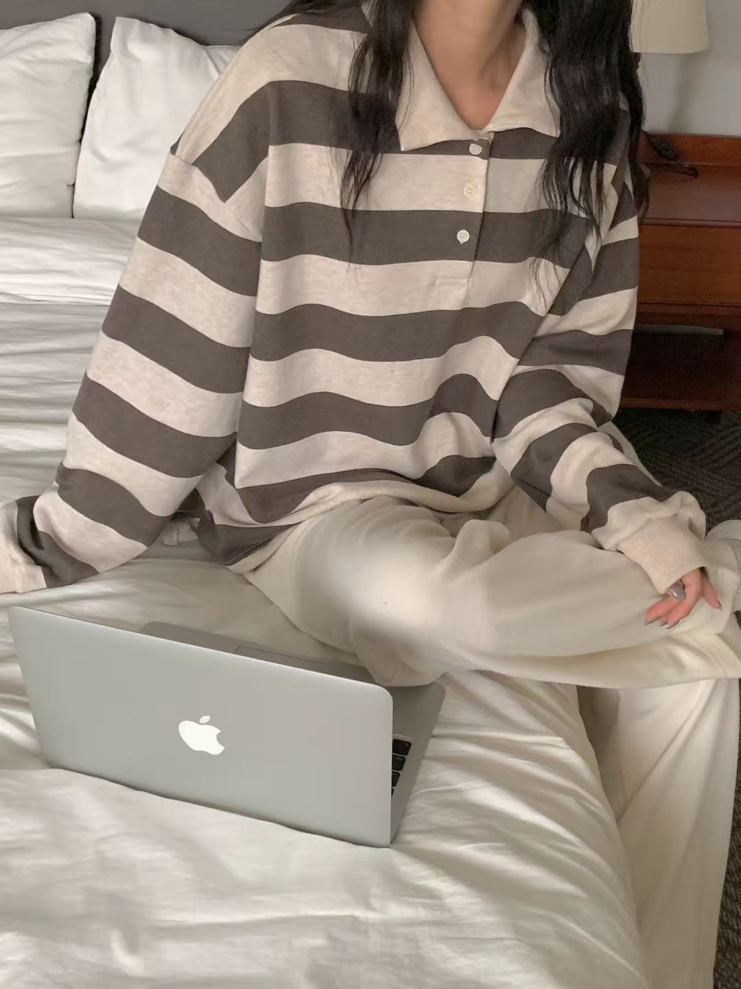 衛衣料Polo長袖上衣(杏色)