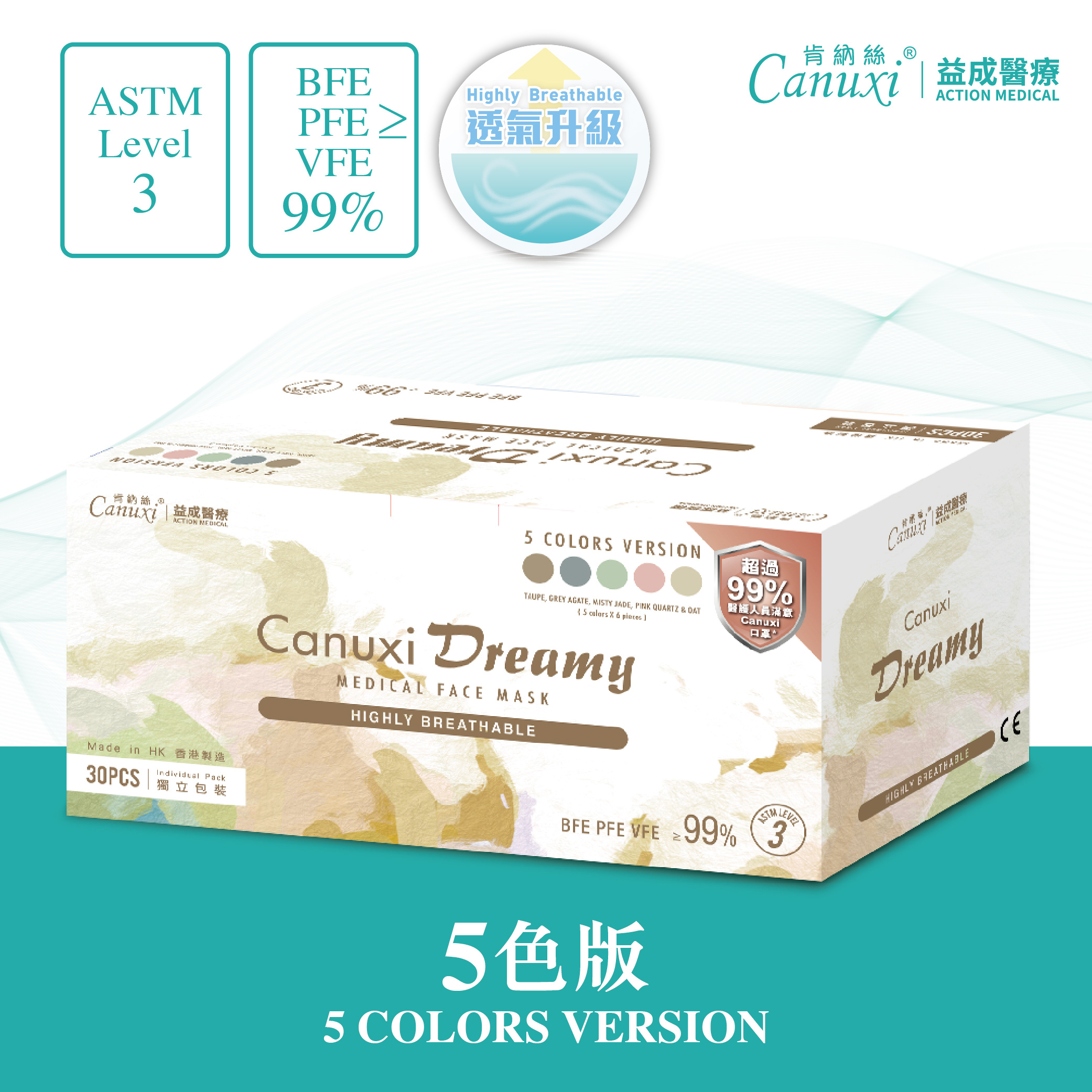 香港製 - Canuxi Dreamy 高透氣 5色外科耳掛式口罩 ASTM Level 3 (獨立包裝)