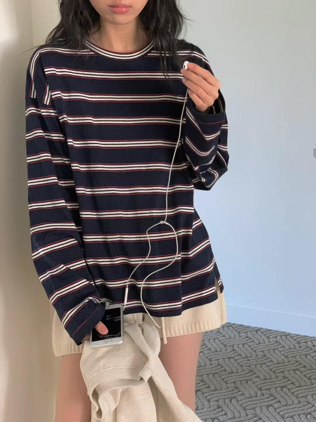 粗幼間圓領薄長袖(深藍色)