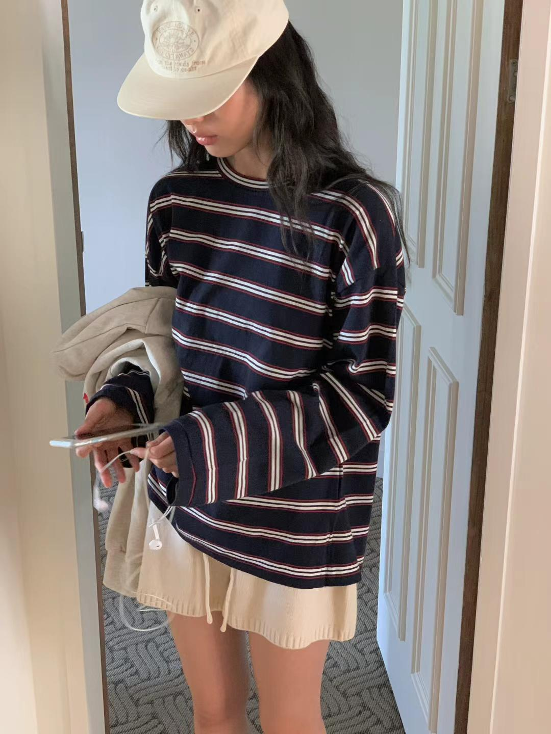 粗幼間圓領薄長袖(深藍色)