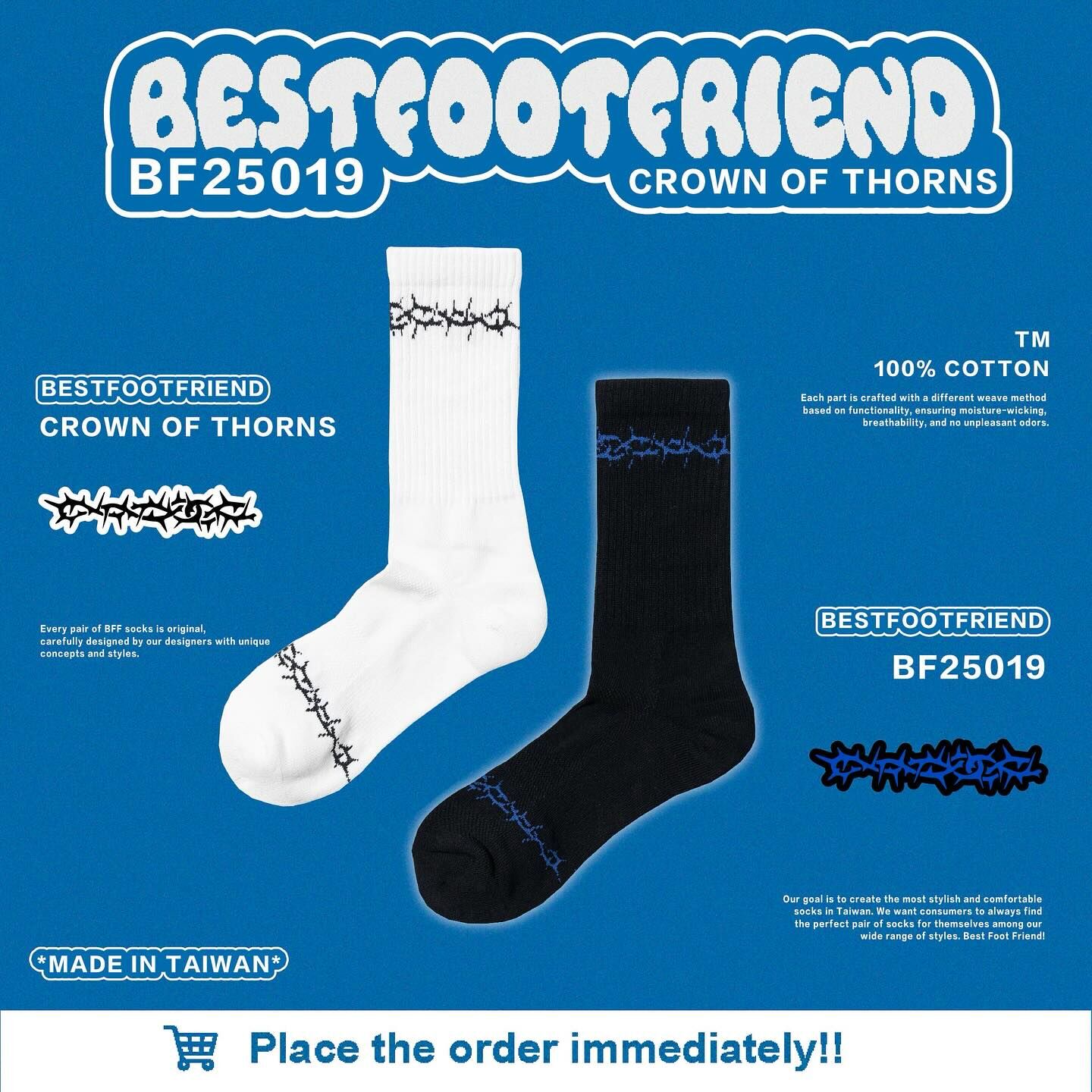 BFF Symptom Socks Crown of Thorns 黑色 白色 荊棘之冠 刺繡 中筒襪 長襪【BF25019】