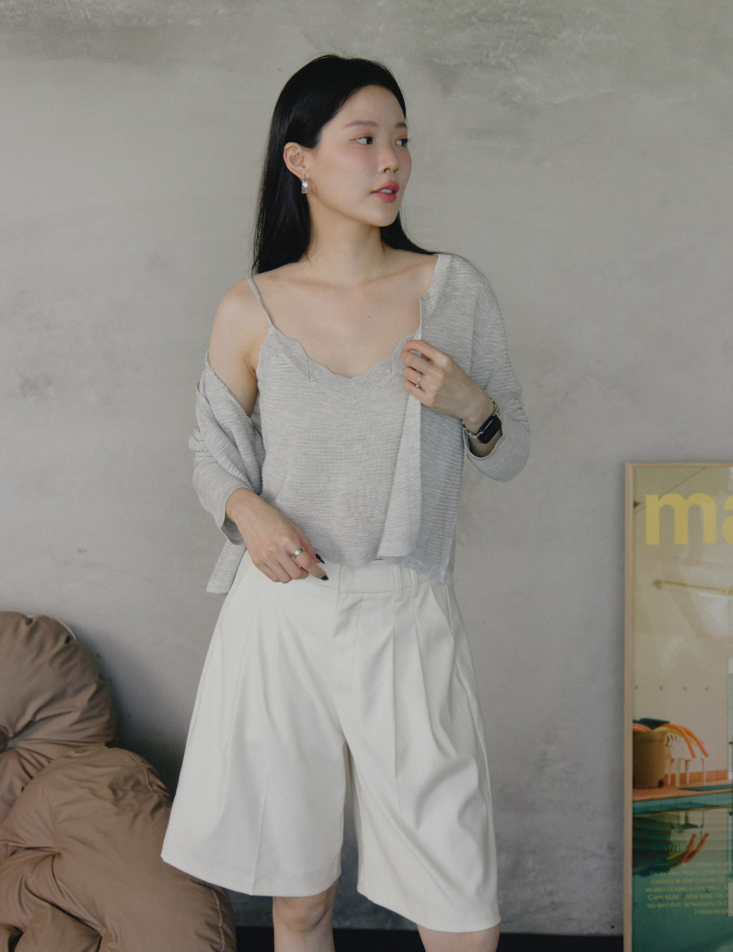 竹節紋針織背心套裝（淺灰色/3尺寸）