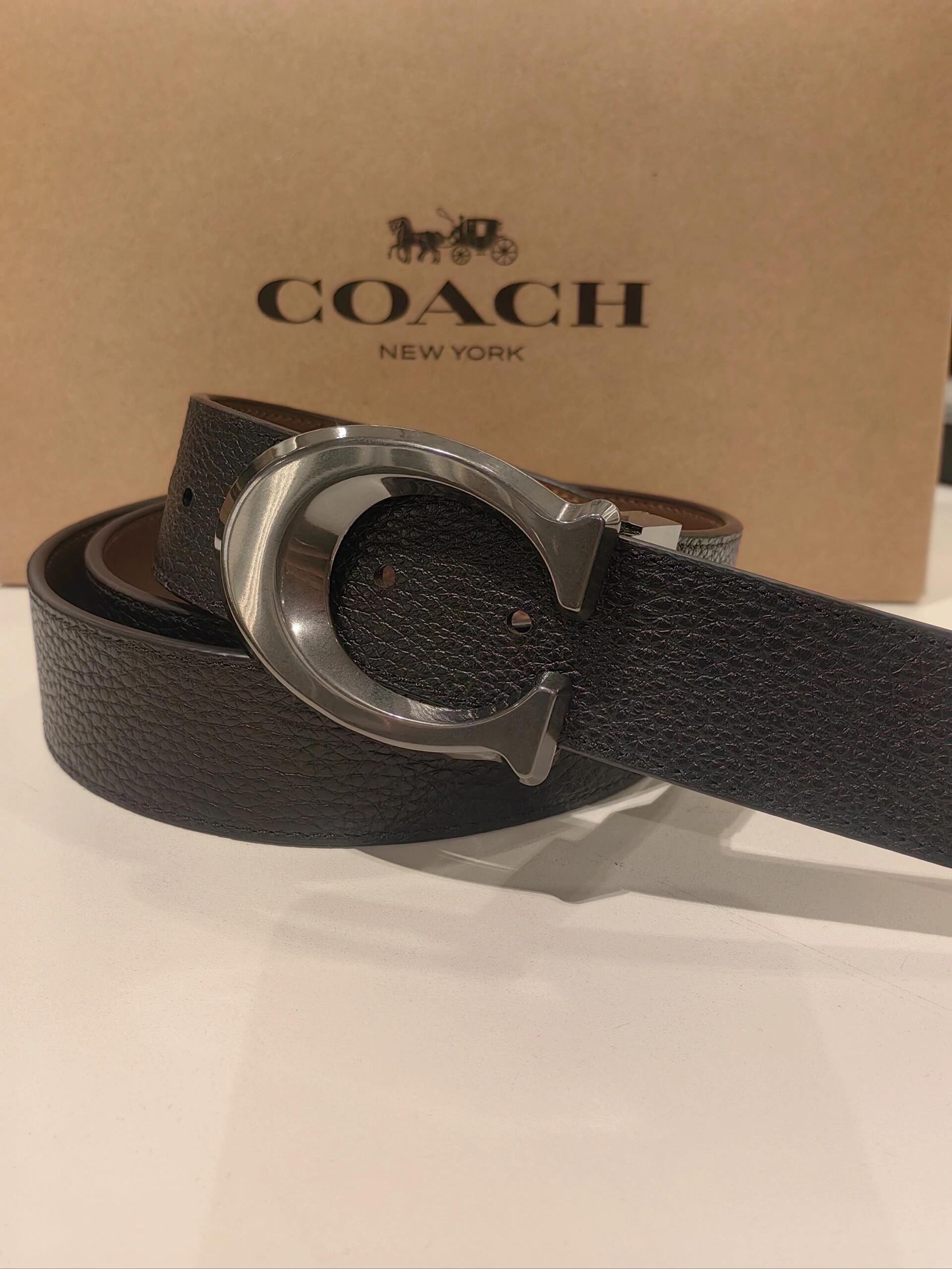 代購-COACH 針扣大C暗扣 牛皮 皮帶 男款 黑色