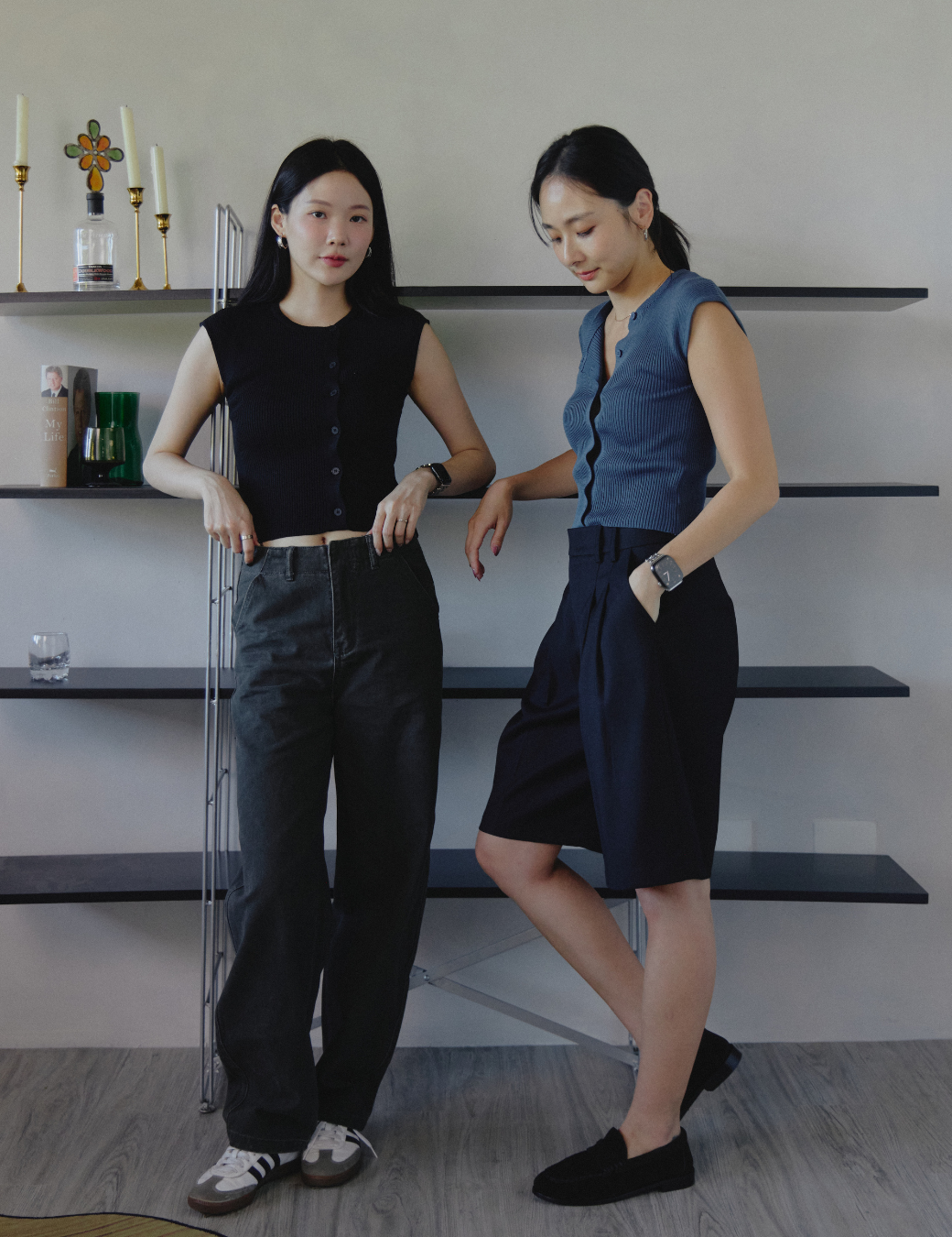 斜扣針織無袖上衣（深藍色/3尺寸）